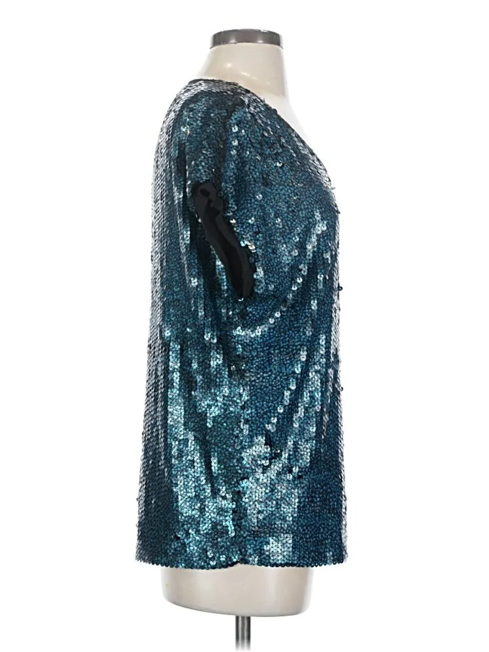Tory Burch Teal Black Allover Sequin Top Relaxed Fit Silk Trim Size XS